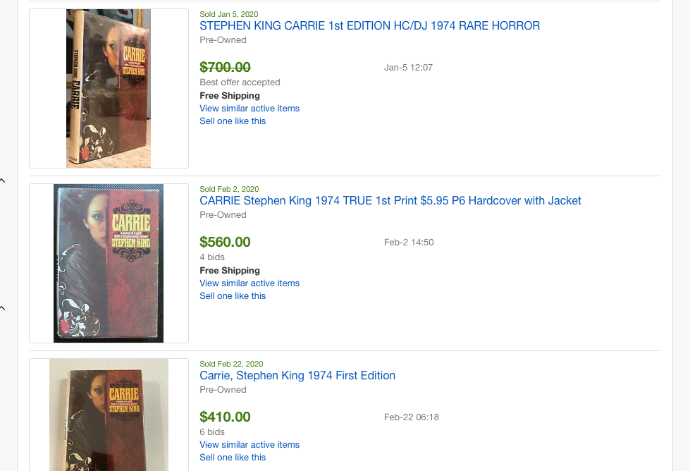 Recent Sales of Carrie First Editions on eBay