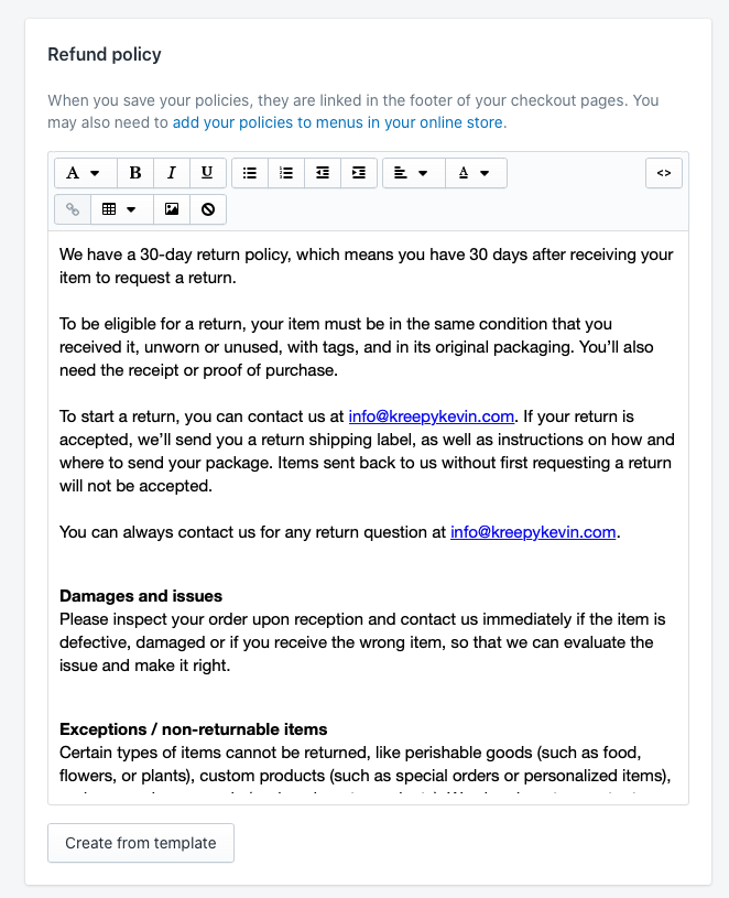 Return Policy Template Shopify