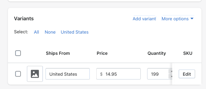 USA Shipping only in variants section of my Shopify dropshipping product